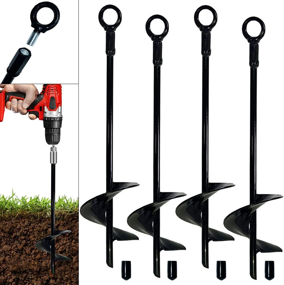 Ground Anchor 18 inch Spiral Blade Earth Anchor 4 Pack Kit Heavy Duty Metal Anchor Hook Black Wind Stakes Ideal for Securing Animals,Trampoline,Tree,Shelters,Tents,Canopies,Swing Sets
