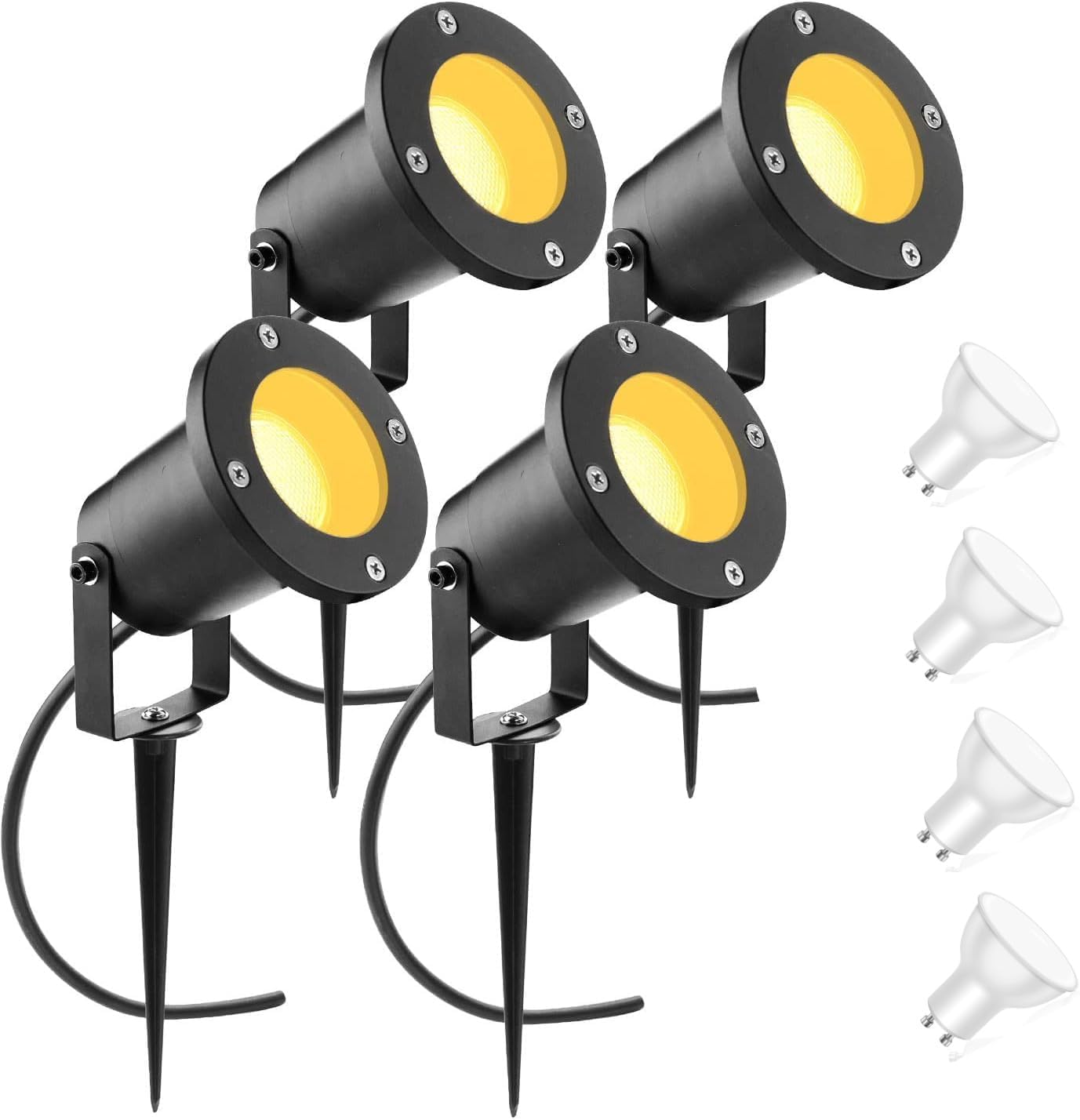 4Pack Outdoor LED Spike Lights IP65 Waterproof Landscape Pathway Lighting with Spike Stand for Garden, Pathways Incl. 7W GU10 LED Bulbs (4 Pack (with Warm White Bulbs,Matt Black,1 Year Warranty
