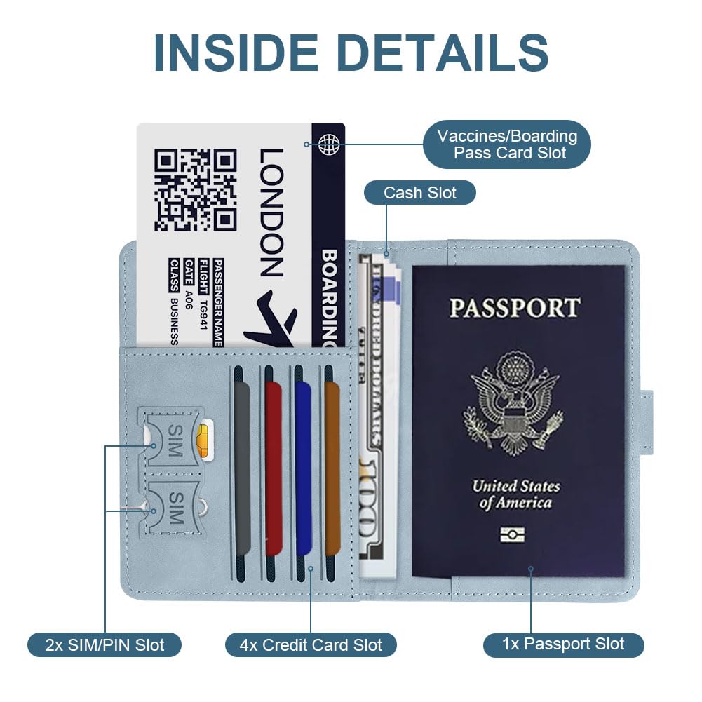 OFFCUP Funda Pasaporte, Porta Pasaporte con Bloqueo RFID, Cuero de PU Porta Documentos Viaje con Identificador De Maletas para Pasaportes Tarjetas Crédito Funda Tarjeta Identific (Azul Cielo) - 5