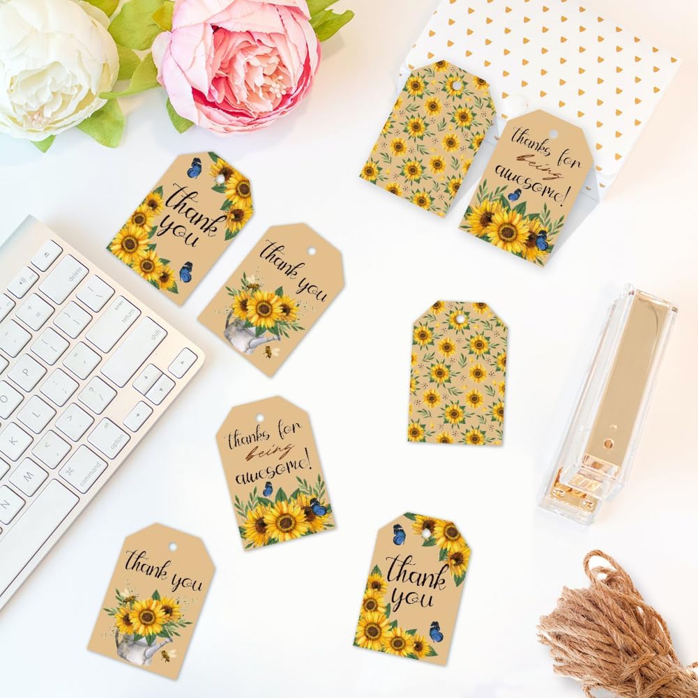 CHGCRAFT 120 PCS Gift Tags Sunflower Kraft Paper Gift Tags with String 3x2in Thank You Present Labels for Gifts for Women's Day Wedding Holiday Birthday Party Decoration