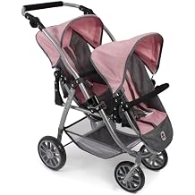 Vario Tandem Buggy, Twin Buggy for Two Dolls, Doll's Pram for Children from 4 to 8 Years, Melange Grey/Pink