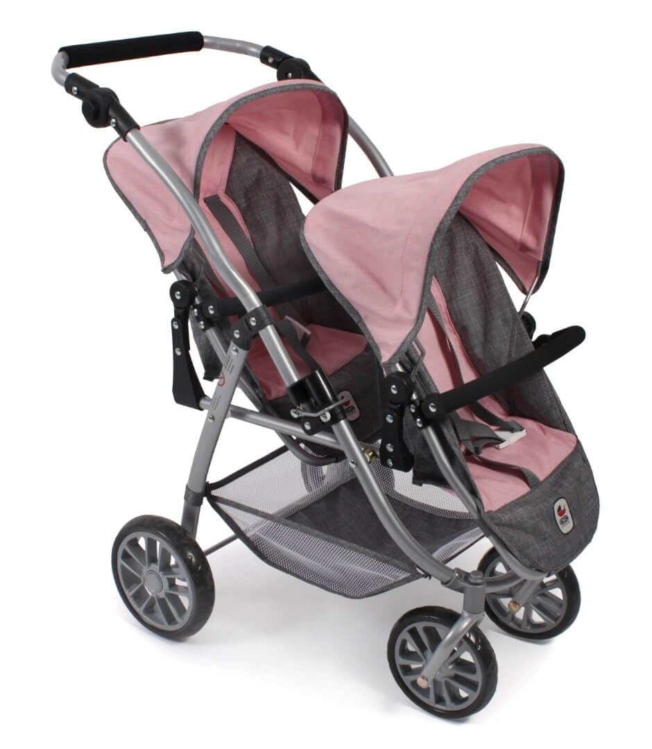 Vario Tandem Buggy, podwójny wózek dla dwóch lalek, wózek dla lalek dla dzieci w wieku od 4 do 8 lat, szary melanż/różowy