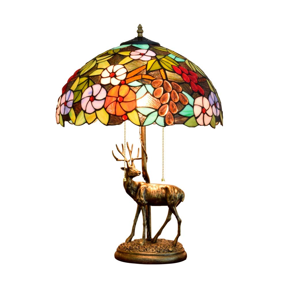 Aioneer 16 Inch Tiffany Stained Glass Table Lamp American Style Elk Base Lamp Creative Grape Deer Deerlet Fawn Desk Lamp