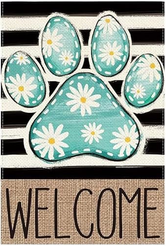 1pc Colorful Footprint Summer Flags for Outside Dog Paw with Daisy Flowers Stripes Yard Banner,Welcome Summer Garden Flags for Seasonal Outdoor Farmhouse Decoration,Outdoor Décor