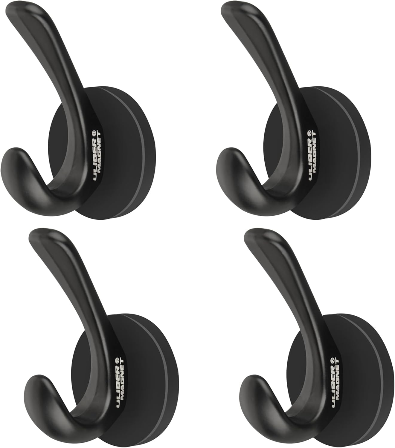 ULIBERMAGNET Strong Magnetic Double Coat Hooks, 4 Pack Heavy Duty Magnetic Clothes Hooks, Rubber Magnets Hooks for Coat Robe Towel Key Hat Clothes Jacket (Black)