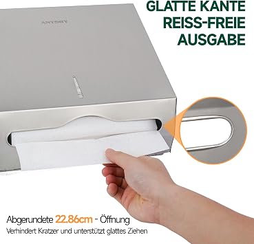 anydry Wandmontierter Papiertuchspender – 250-Blatt-Kapazität polierter Edelstahl abschließbar geeignet für Mehrfalt-/Z-Falt-Tücher (gefaltene Größe ≤ 27 cm x 10 cm) Spazzolato