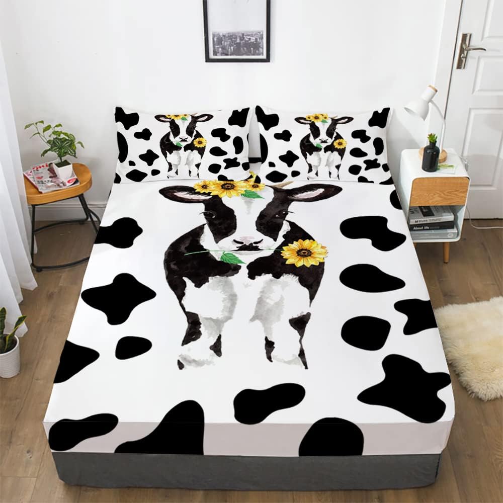 Mkikejoy Farm Animal Cow Sheets Full Size Sunflower and Cow