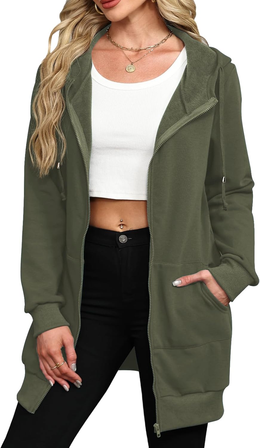 Locryz Women's Zip Up Hoodies Long Tunic Sweatshirts Oversized Fleece Sweatshirt Long Hoodie Fall Jacket Coat with Pocket