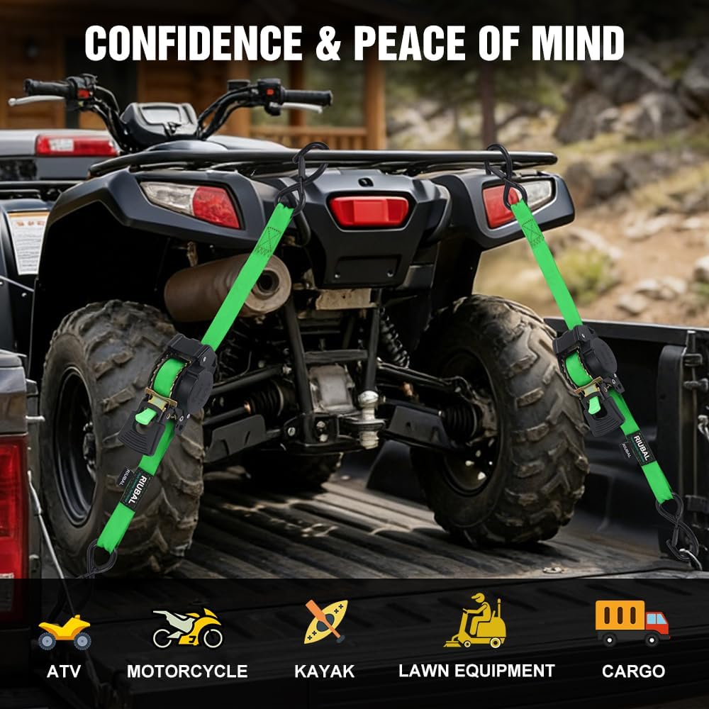 Retractable Ratchet Straps (4-Pack) - 1 Inch x 10 Feet (1,764lb Break Strength) - Auto Self Retracting Tie Down Straps Heavy Duty for Motorcycle, ATV, UTV, Truck, Cargo Trailer – Green