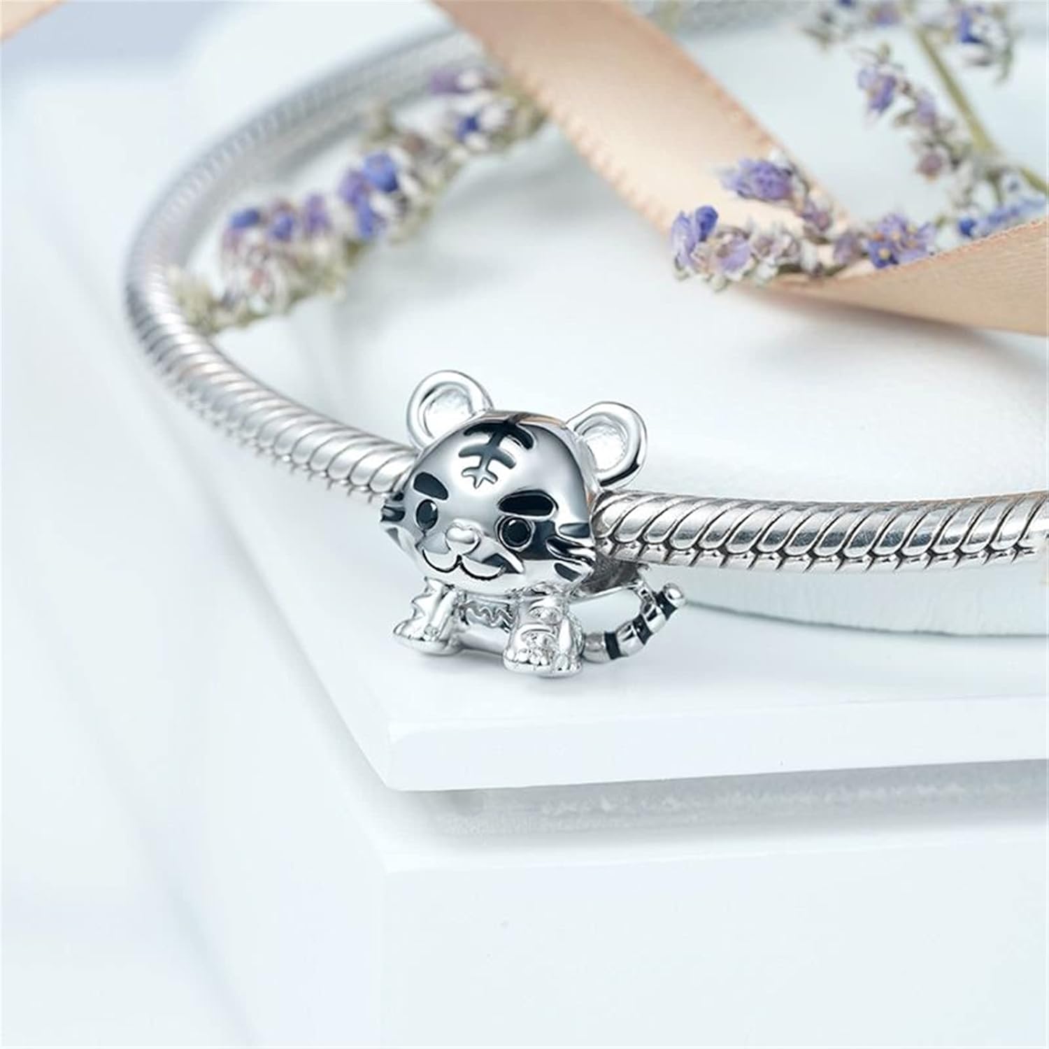 GNOCE Cute Tiger Pendant Charm Bead 925 Sterling Silver 18K Gold Plated Double-Face Tiger Dangle Charms For Bracelets Necklace Jewelry Gift For Mother's day Women