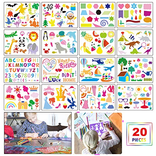Rainmae 20 Pcs Drawing Stencils Set for Kids Over 300 Different Patterns to Draw Imaginative Children's Stories, Washable Craft, Painting Template Arts and Crafts for Girls & Boys DIY(8.3x5.9inch)