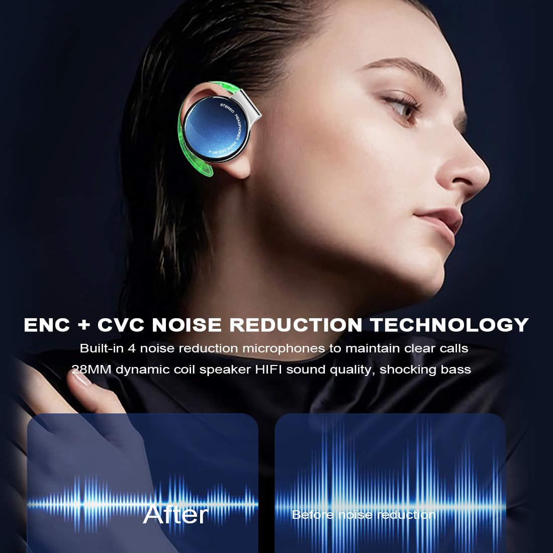 Auriculares Bluetooth con Clip Sport V5.3, Auriculares Inalámbricos Supraaurales con luz de respiración, Auriculares Bluetooth con 4 micrófonos, Auriculares con Gancho para la Oreja Comfort Fit