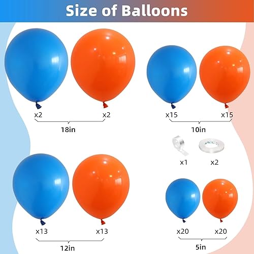 Miniatura 2 de Kit de arco de globos azules y naranjas, 100 piezas de guirnalda de globos azules y naranjas, globos de látex naranja y azul de diferentes tamaños