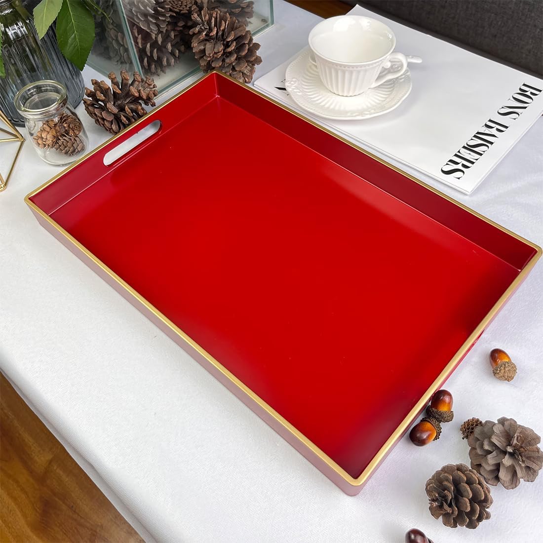 Red Decorative Tray, Rectangular Serving Tray with Handles, Plastic Coffee Table Tray for Ottoman, Living Room, Kitchen Tabletop, 15.6” x 10.2” x1.37” - Image 2