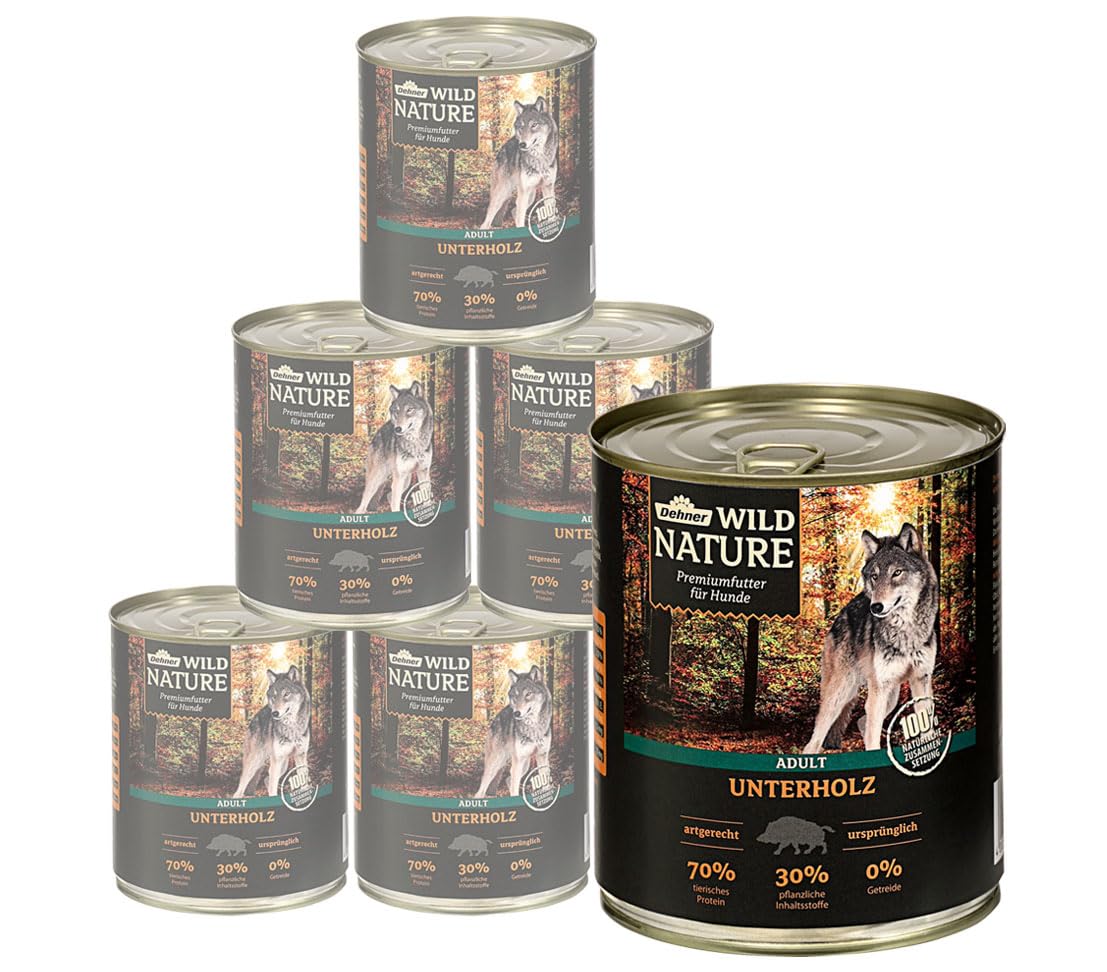 Dehner Wild Nature Hundefutter Unterholz, Nassfutter getreidefrei / zuckerfrei, für ausgewachsene Hunde, Wildschwein, 6 x 800 g Dose (4.8 kg)