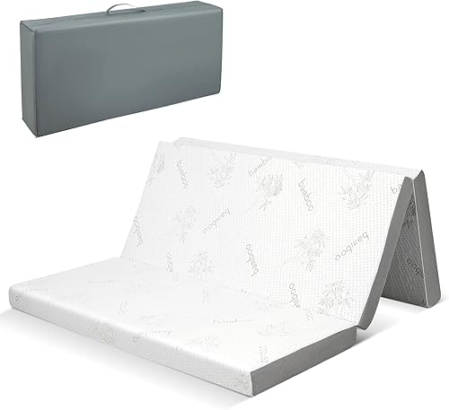 KOMFOTT Colchón plegable de 4 pulgadas con bolsa de almacenamiento, tamaño Queen, colchón de espuma viscoelástica con funda de bambú, colchón de