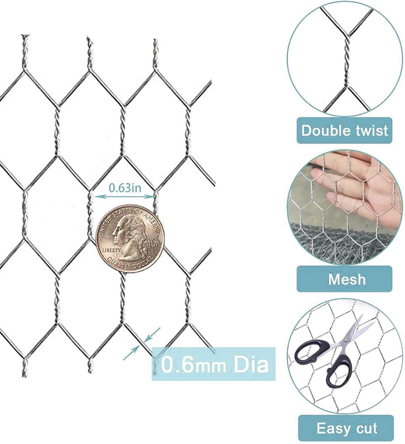 Chicken Wire Net for Craft Projects 13.7 x 157 Inches, 0.63 in Small Mesh Hexagonal Poultry Netting Galvanized Chicken Wire Neting,Light Weight Wire Mesh for Handwork Projects,Art use