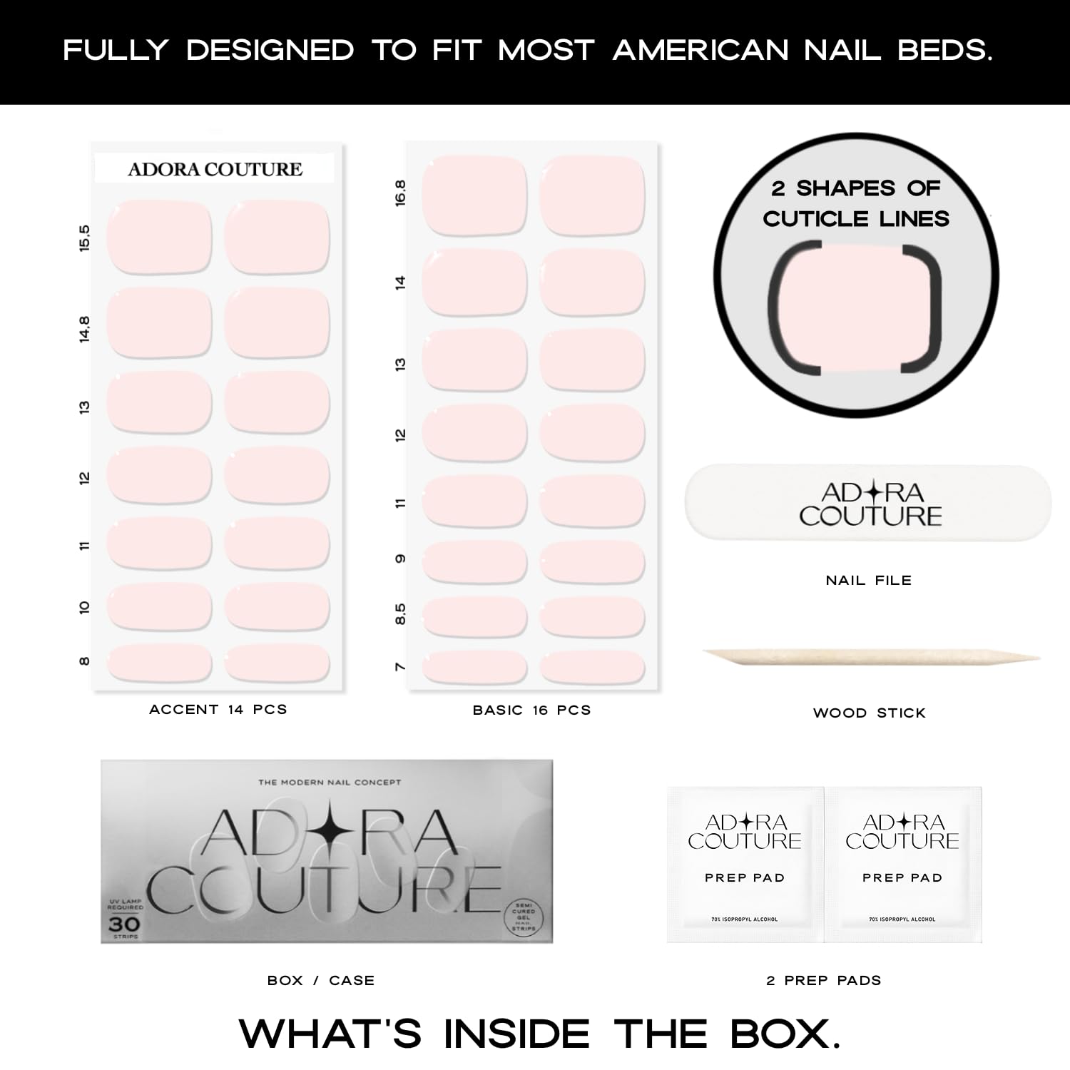 Adora Couture Semi Cured Gel Nail Strips – Clear Blush – 30 Pieces UV Gel Nail Wrap Kit with Prep Pads, File & Wooden Stick – Salon Quality Semi Cured Stickers – UV Light Required