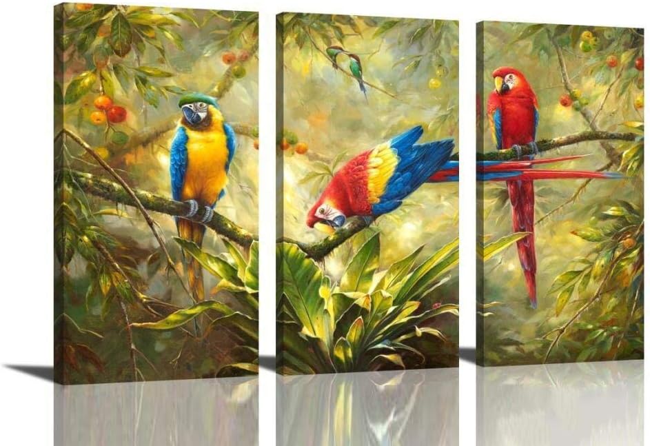 HLJ ART Artwork 3 Panel Abstract Macaw Parrot in Tropical Rain Forest Animals Picture Canvas Print Wall Art Painting for Living Room Decor and Modern Home Decorations (Wood Framed)