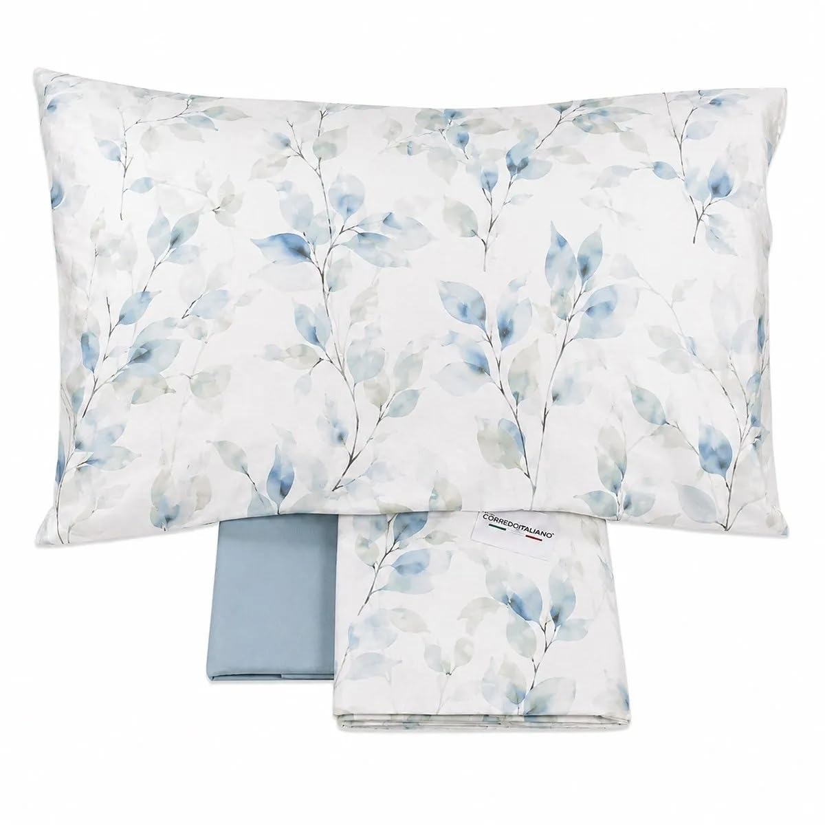 Corredo Italiano Completo Lenzuola Matrimoniale in Percalle di Cotone Brezza Azzurra – Lenzuolo Sopra 260x300 cm, Sotto con Angoli 180x200 cm e 2 Federe 50x80 cm – Made in Italy
