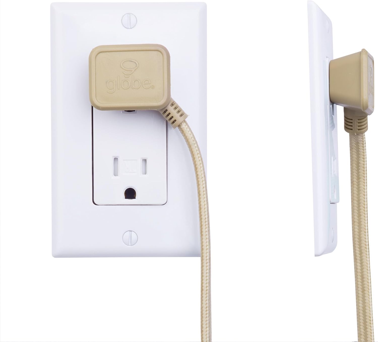 Globe Electric 22816 Designer Series 9ft Fabric Extension Cord, 3 Polarized Outlets, Right Angle Plug, 125 Volts, Gold