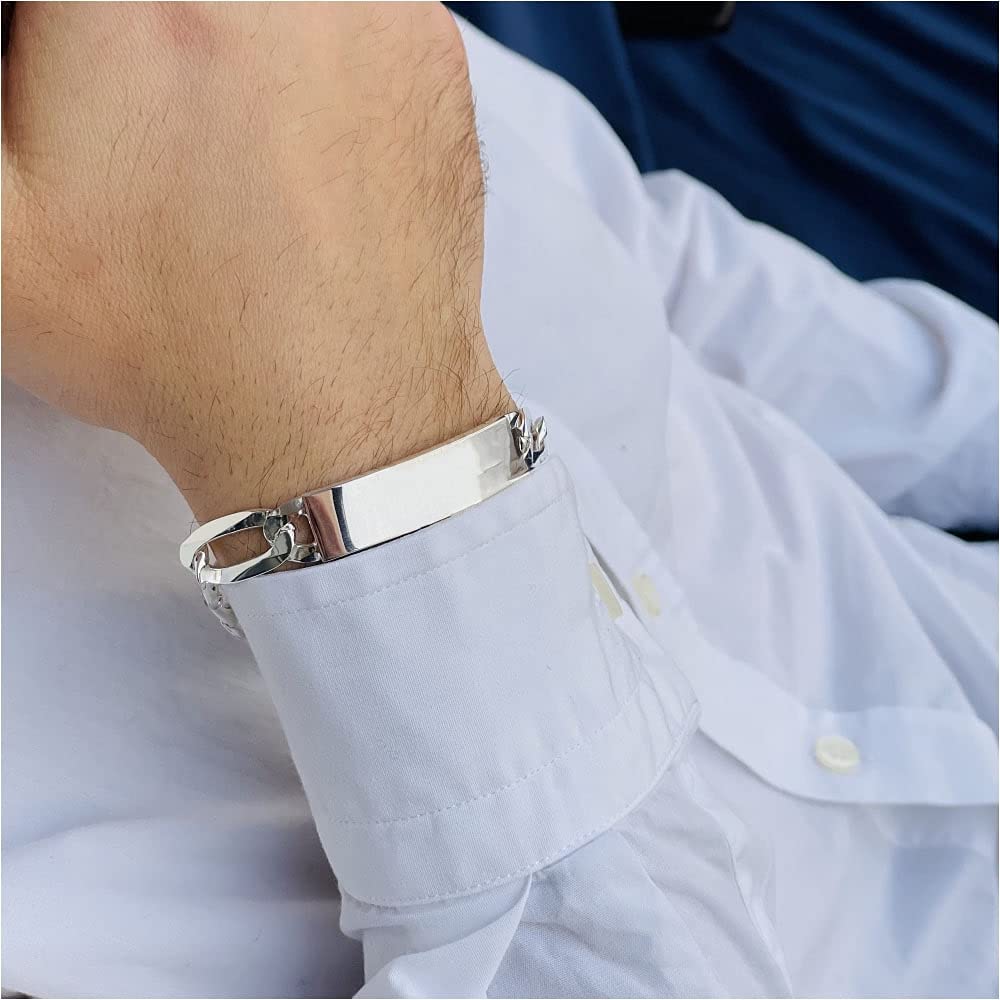 Bracciale in Argento Massiccio 925 Catena Grumetta con Fascia Personalizzabile, Incisione Inclusa
