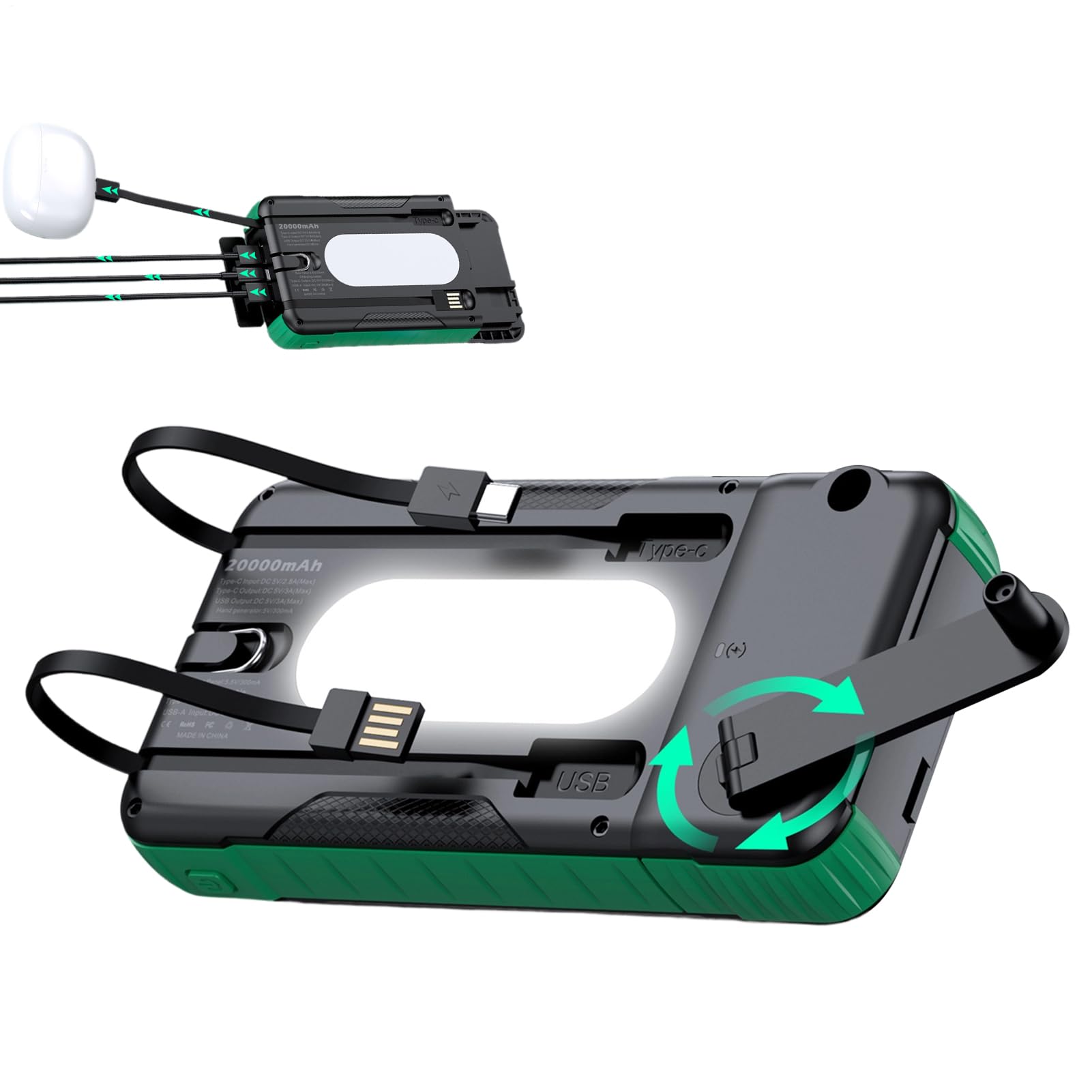 Caricatore Solare Power Bank Impermeabile Con Torcia Luminosa | Power Bank Solare con Manovella per Fotocamera Tablet Escursionismo Viaggio Road Trip Pesca Zaino in Spalla Festival