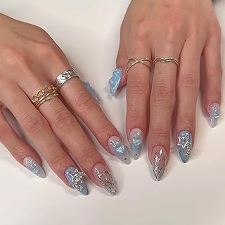 Press-On Nails Almond Medium Blue Gradient Design False Nails with Star Heart Charms - Fake Nails, Full Cover - 24Pcs Y2K Acrylic Stick-On