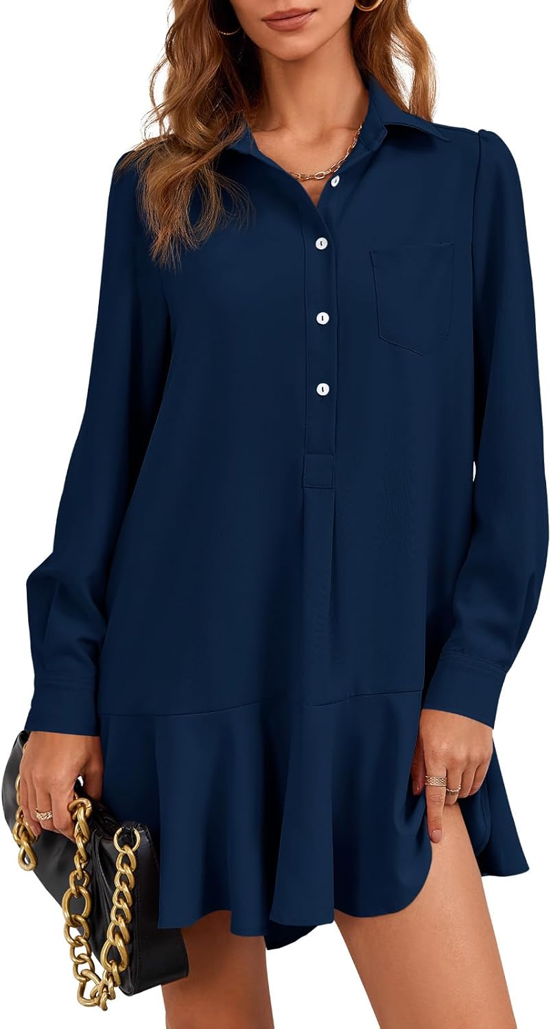 Fisoew Womens Casual Button Down Shirt Dress Long Sleeve Collared Pleated Swing Mini Dresses