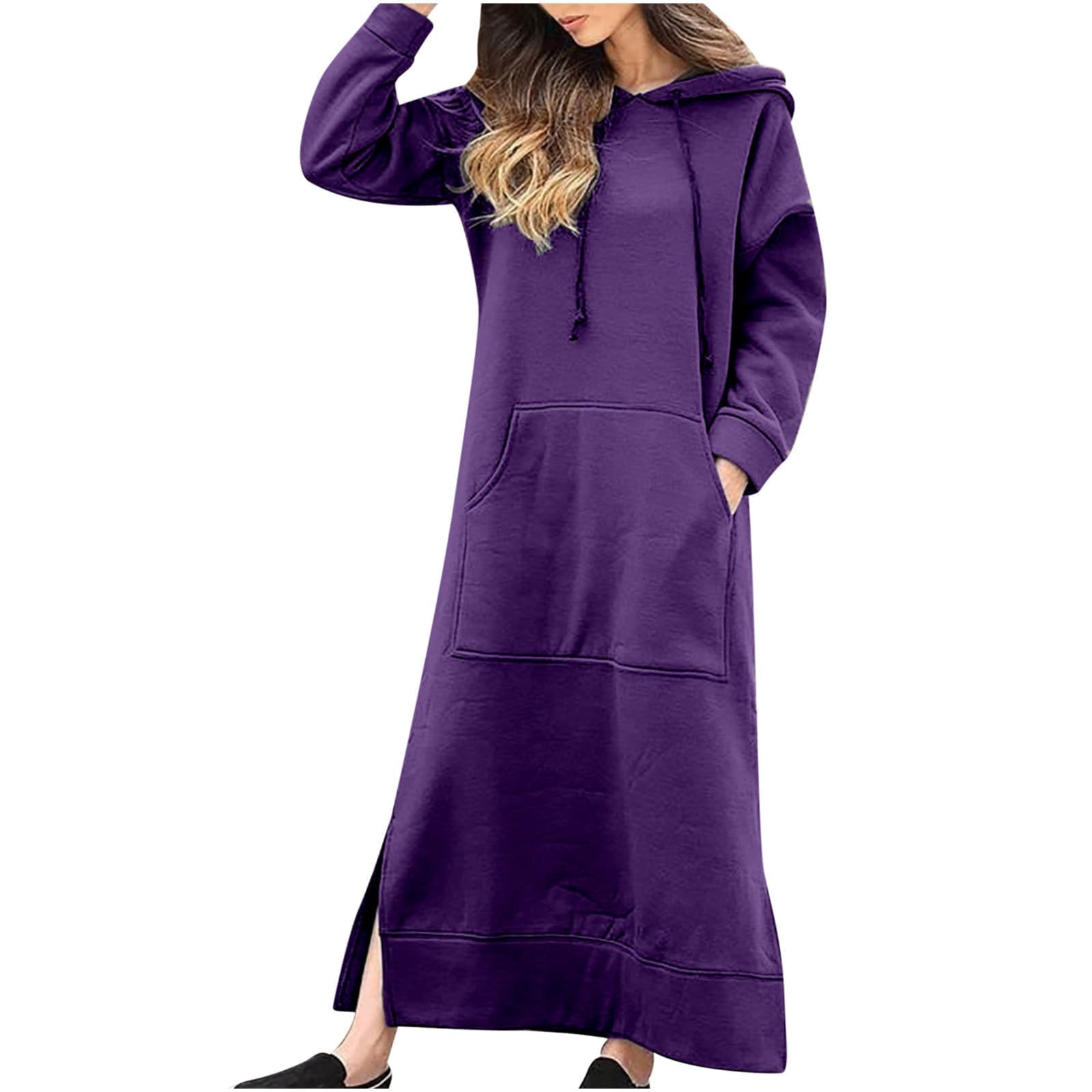 Womens Long Sleeve Hoodies Casual Maxi Length Hooded Dress with Drawstring and Pocket S-5XL