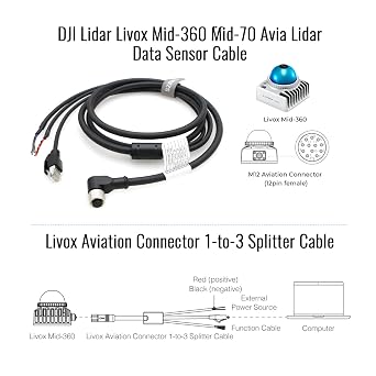 SZRMCC Livox Mid-360 Cable M12 Pin Female Aviation Plug 3 in 1 Splitter Data Sensor Cable for DJI Lidar Livox Mid-360 Mid-70 Avia Lidar (Right Angle 12 pin, 1m)