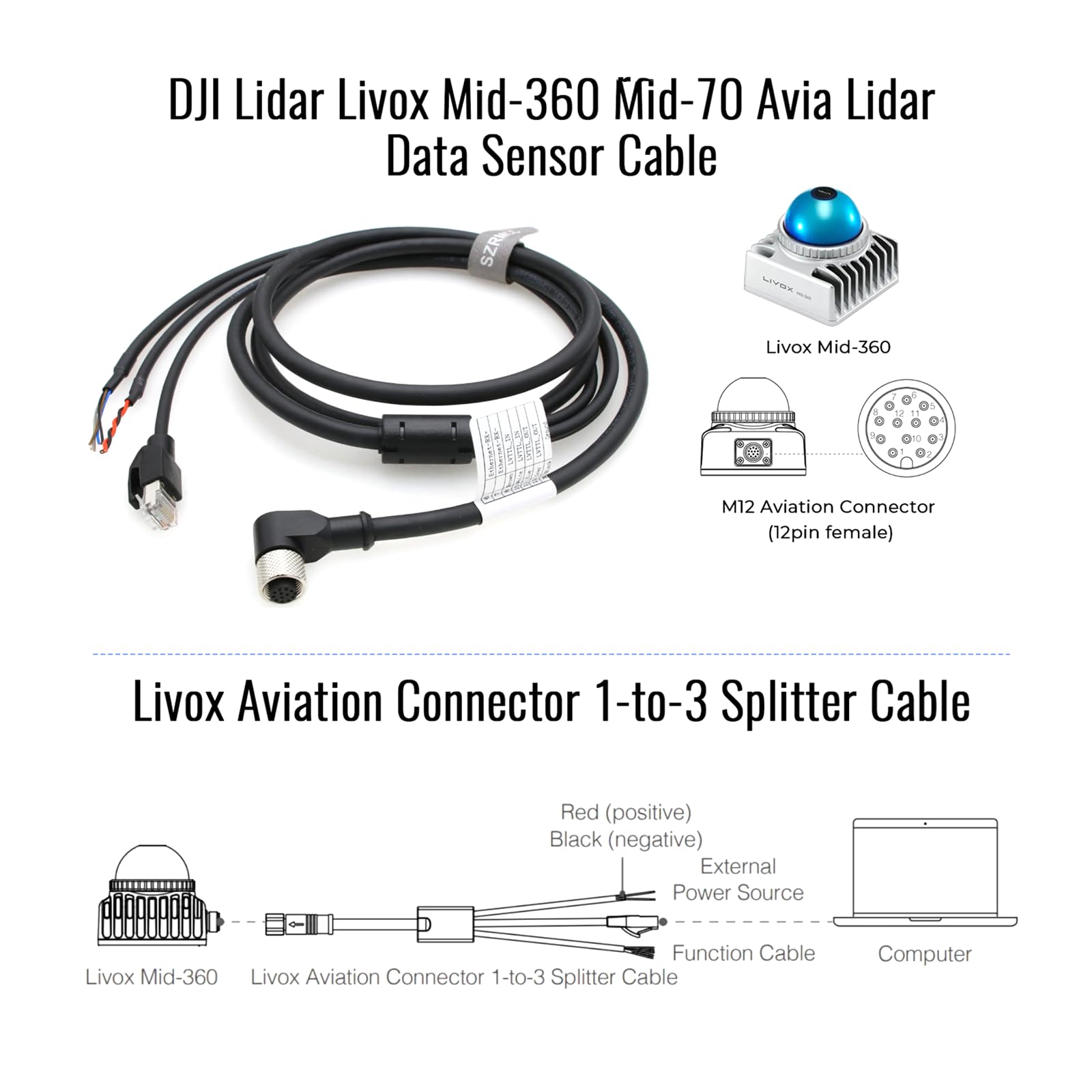 Amazon.com: SZRMCC Livox Mid-360 Cable M12 Pin Female Aviation