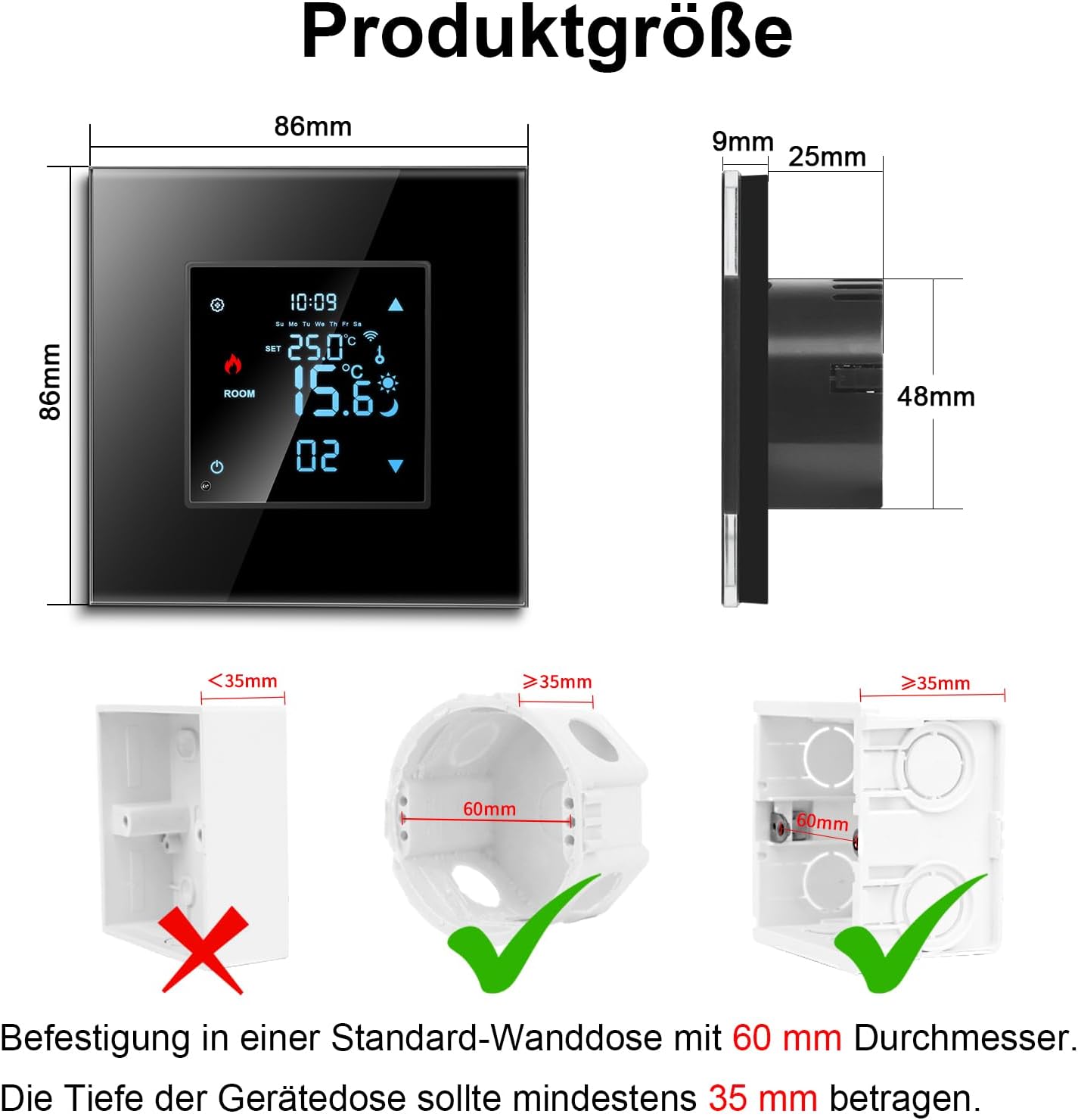 Diagram showing product dimensions and required wall box size for installation