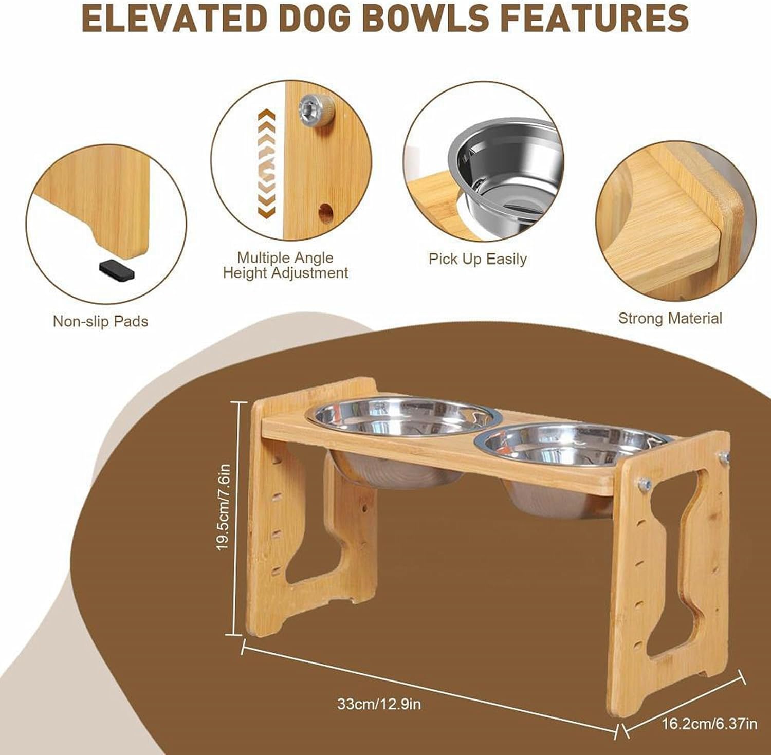Adjustable Elevated Dog Bowls - Bamboo Raised Pet Feeder with 2 Stainless Steel Bowls | Multi-Height Non-Slip Food and Water Stand for Small to Medium Dogs and Cats.