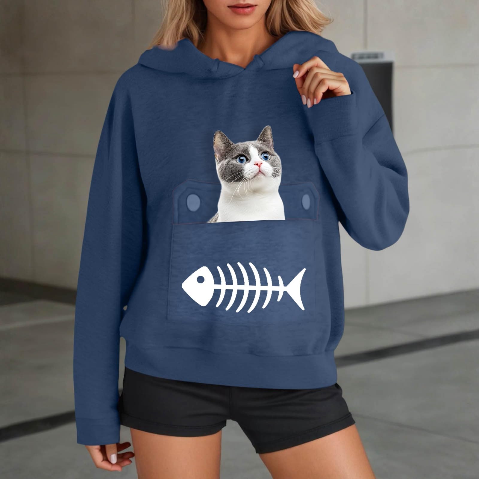 Katzen-Kapuzenpullover für Damen, mit Kapuze, grafischer Haustier-Beutel, Kapuzenpullover, für Damen, Welpen, Winter, Herbst, langärmelig, mit Fleece gefüttert, Anime-Hoodie