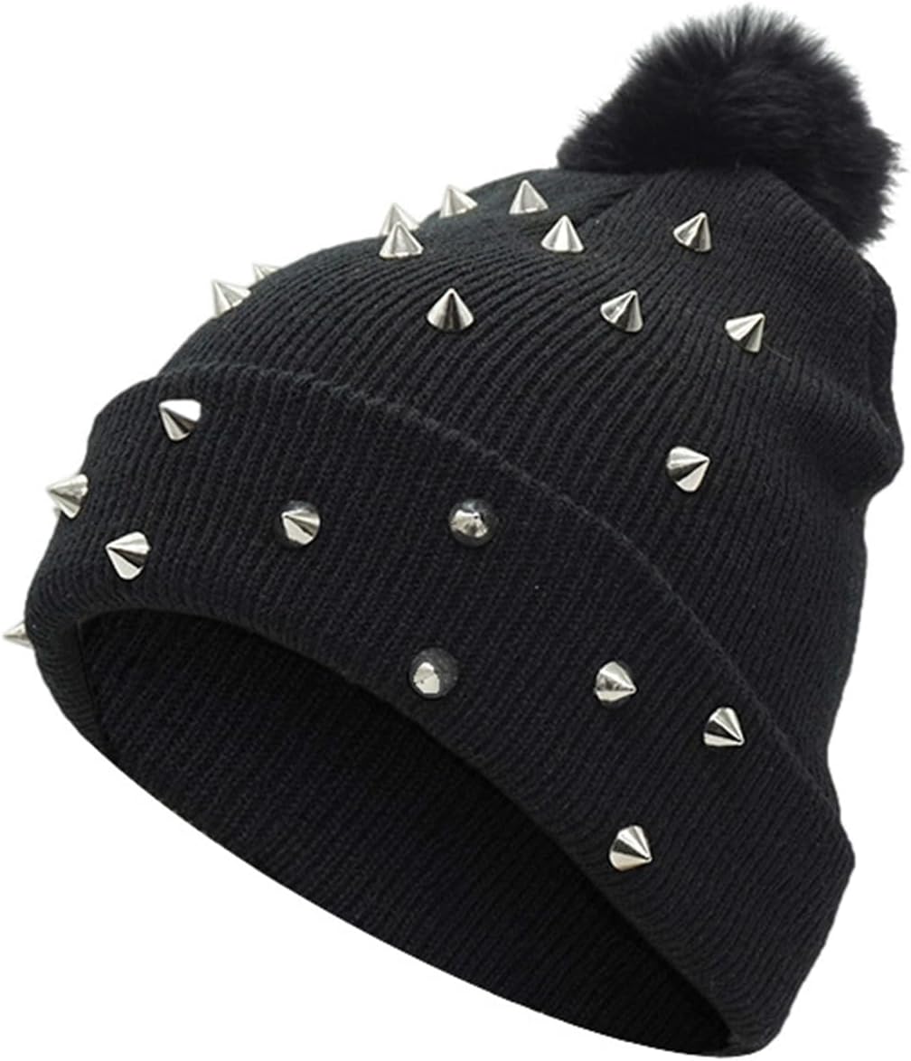 Winter Mütze Punk Rivet Strickmütze Mit Wollbommel, Aesthetics Grunge & Y2K Beanie, Gothic Emo Alternative Accessories, Warmth Autumn Winter