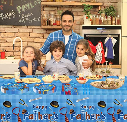Wangrj 73Pcs Happy Father's Day Supplies,Father's Day Theme Tableware Set,Blue Paper Plate Napkin Fork Tablecloth For Best Father Ever Festival Party Disposable Tableware,16 Guests #TOP2