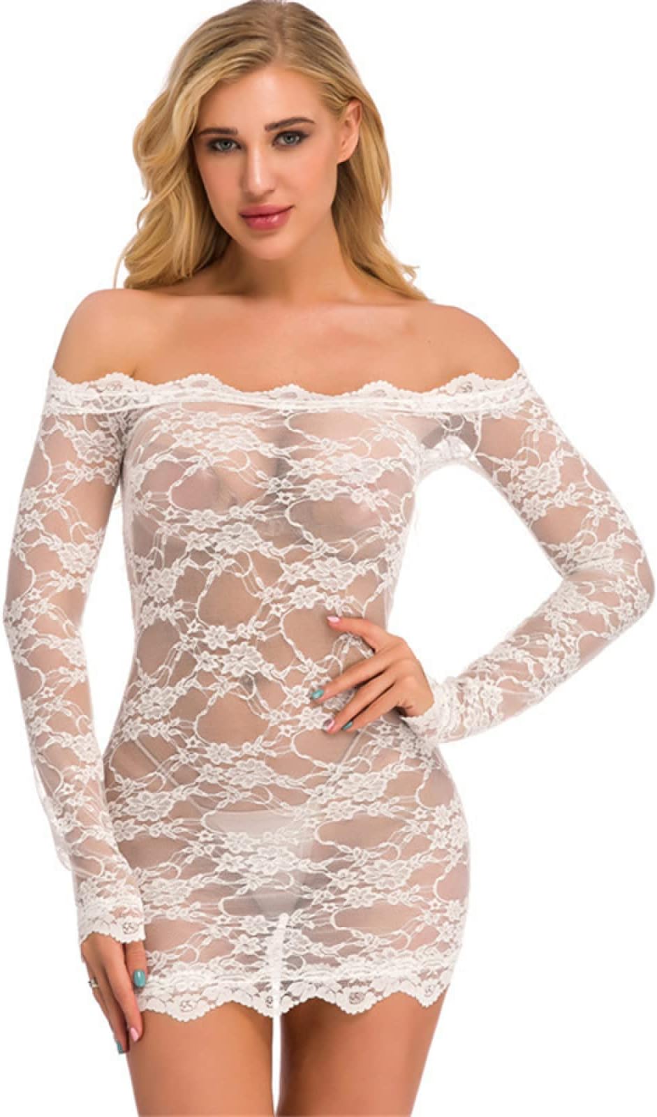 BaryuuSexy Lingerie Women Erotic Lingerie Lace One-Shoulder Tube Top Long-Sleeve Jumpsuit,White