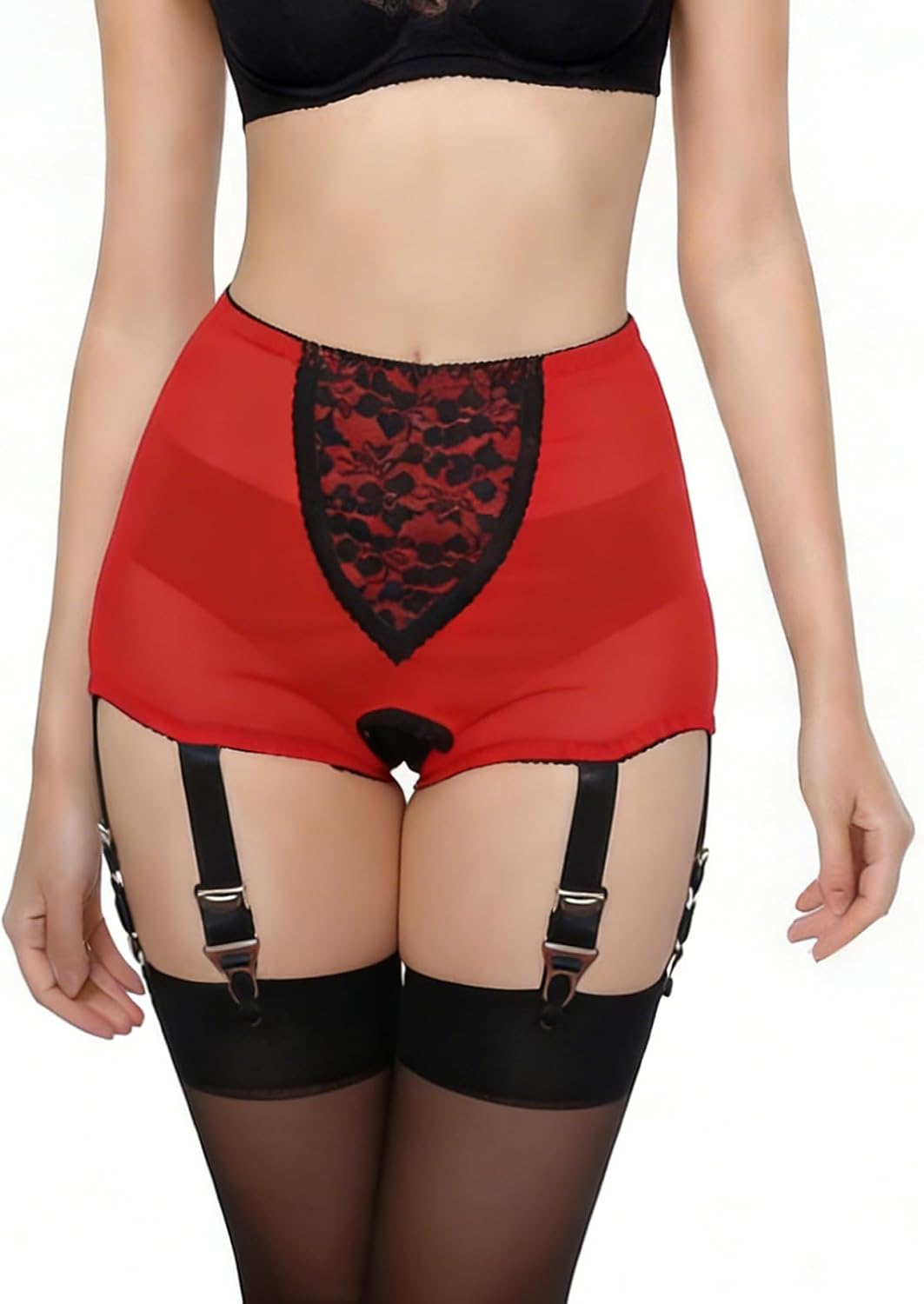 Womens High Waist Non-slip Adjustable Metal 6 Straps Open Crotch Shorts Garter Belt