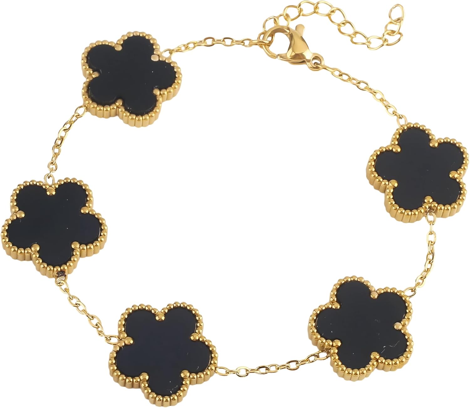 14K Gold Filled Clover Lucky Bracelet For Women - Double Sided Stone Plant Five Leaf Flower Adjustable Link Bracelets, 4 Leaf Clover Bracelet
