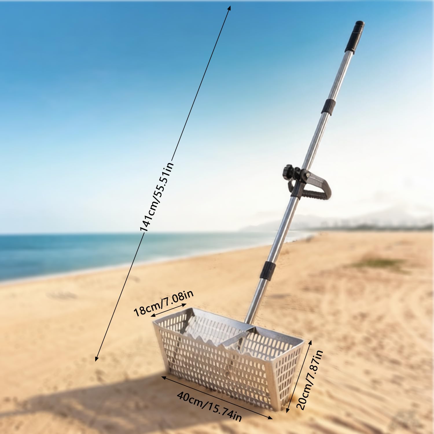 Rastrillo de pulgas de arena para playa, pala y tamiz de arena de acero inoxidable, rastrillo de dientes de tiburón extra grande de 16 pulgadas de ancho con mango desmontable de 55 pulgadas de largo