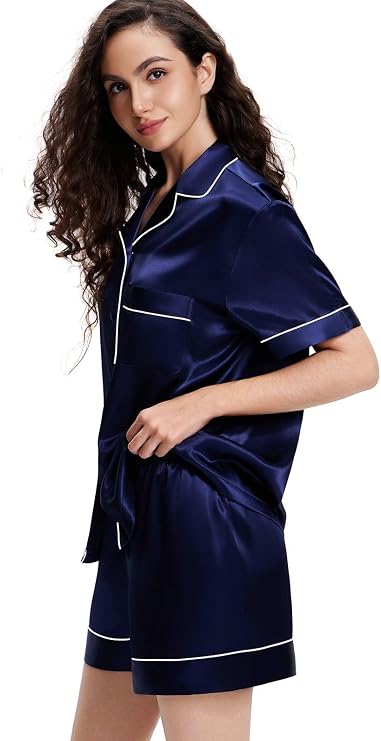 Lonxu Womens Satin Pajamas Set Short Sleeve Button Down Sleepwear XS-3XL