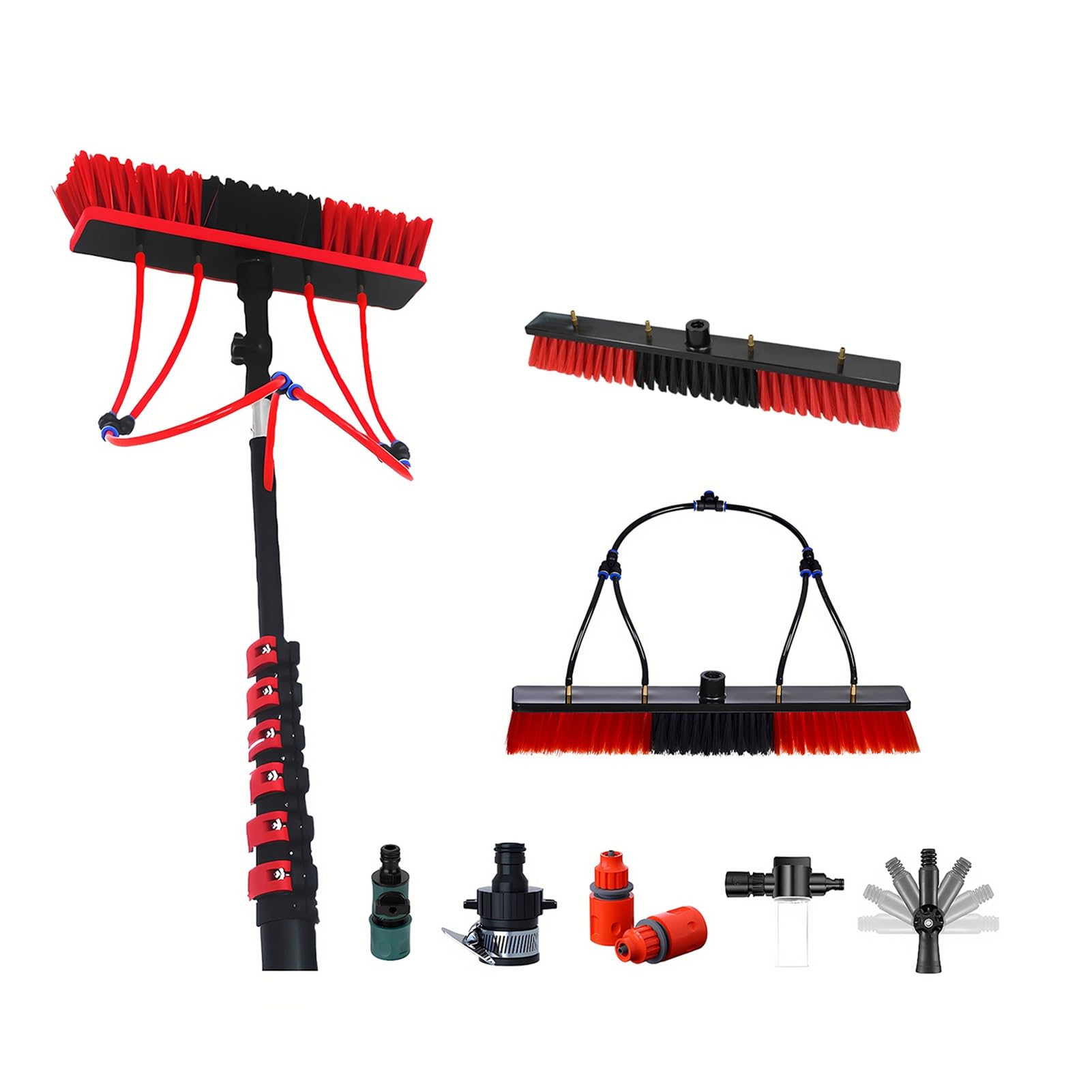 Water Fed Window Cleaning Kit with Carbon Fiber Extension Pole,Dual Brush Heads,Solar Panel Cleaning Brush for Exterior Glass,Roof Windows,Skylights and Building Glass(7.3m)