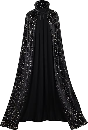 GRAJTCIN Women's Witch Cape Wizard Vampire Full Length Shiny Star Velvet Cloak with Witch Hat Halloween Christmas Costume Set