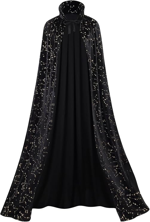 GRAJTCIN Women's Witch Cape Wizard Vampire Full Length Shiny Star Velvet Cloak with Witch Hat Halloween Christmas Costume Set