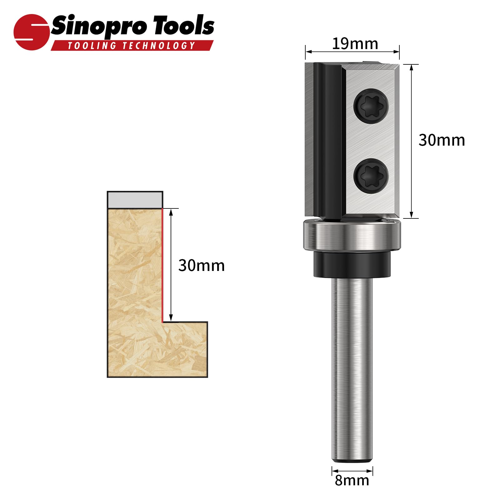 Fraisage à changement latéral Fraise à affleurement HW – Tige de 8 mm, diamètre de coupe de 19 mm, longueur de coupe de 30 mm, roulement à billes en bas, pour l’usinage du bois et le