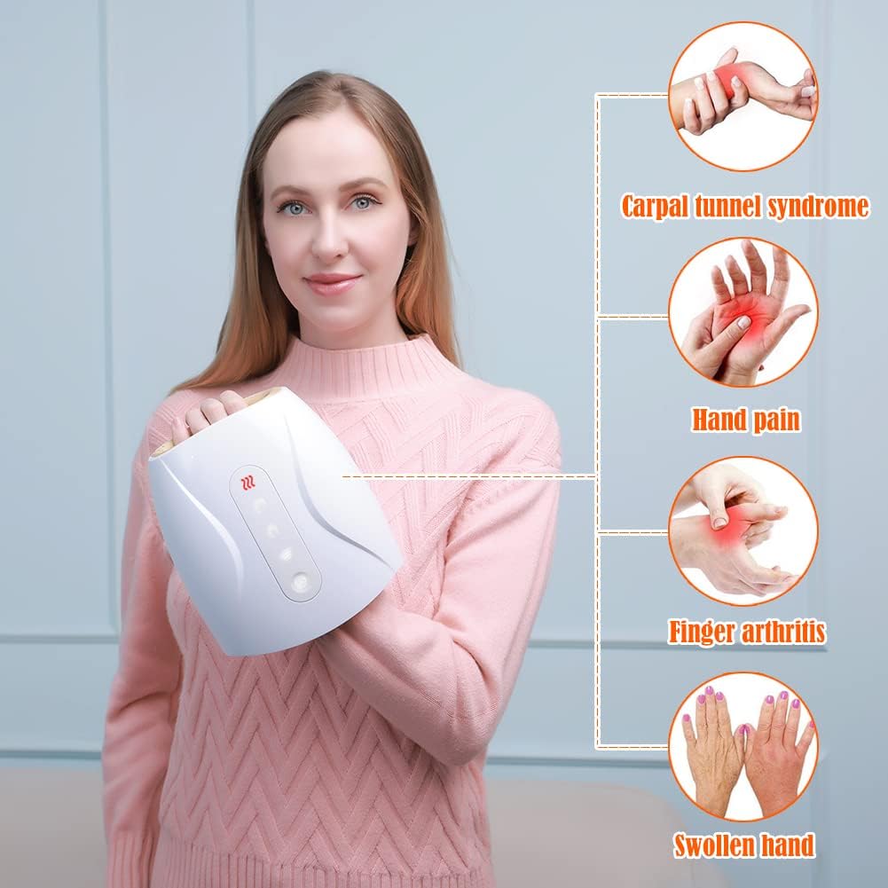WOOLALA Electric Hands Massager with Therapy Heat, Palm Finger 3D Air Compression Massage for Carpal Tunnel, Stiff Joints, Stress Relief with 6 Modes/Touch Buttons