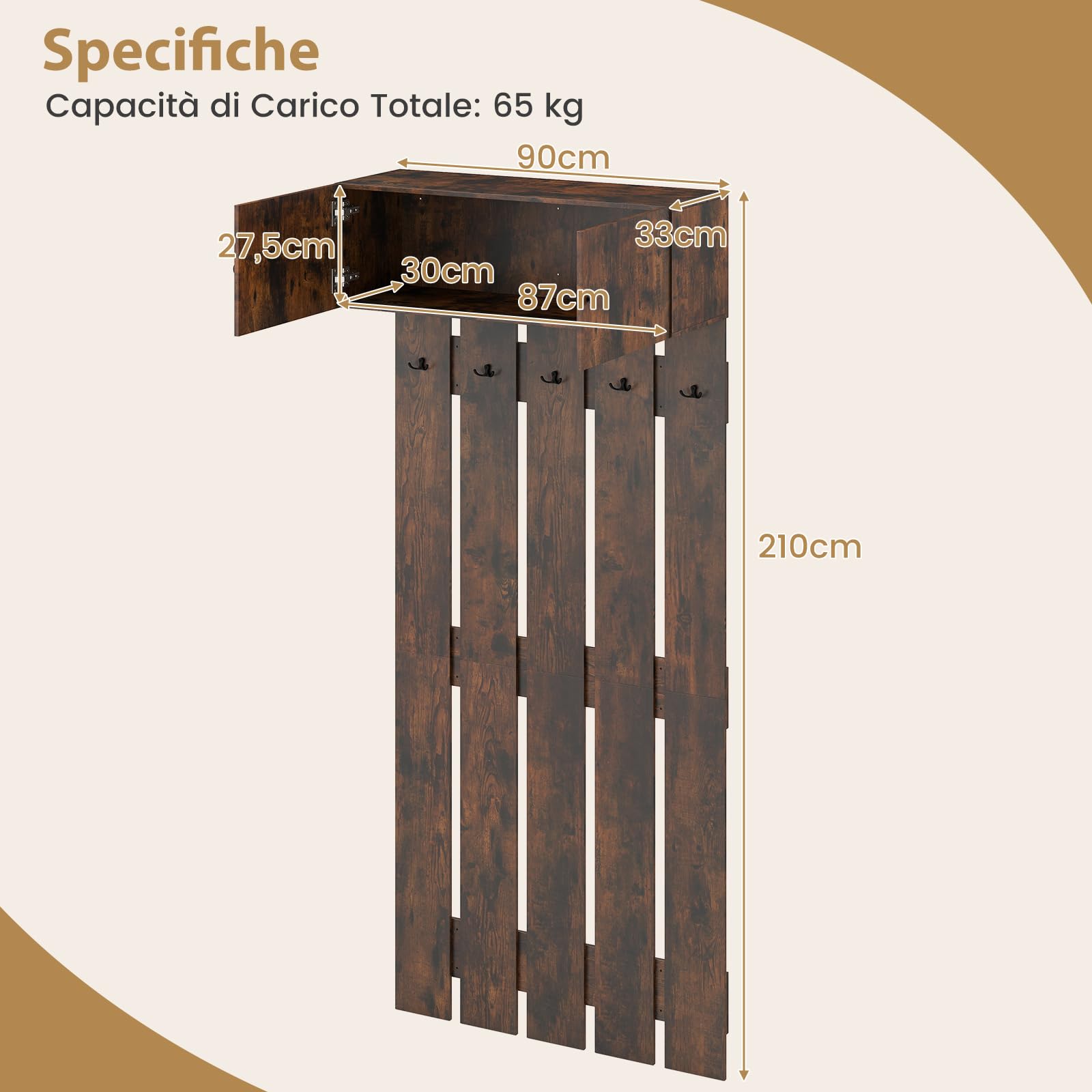 COSTWAY Appendiabiti da Parete per Ingresso, Attaccapanni in Legno con 5 Ganci Doppi e Armadietto a 2 Ante, Mensola Salvaspazio per Camera da Letto, Soggiorno e Cucina, 90 x 33 x 210 cm (Marrone)