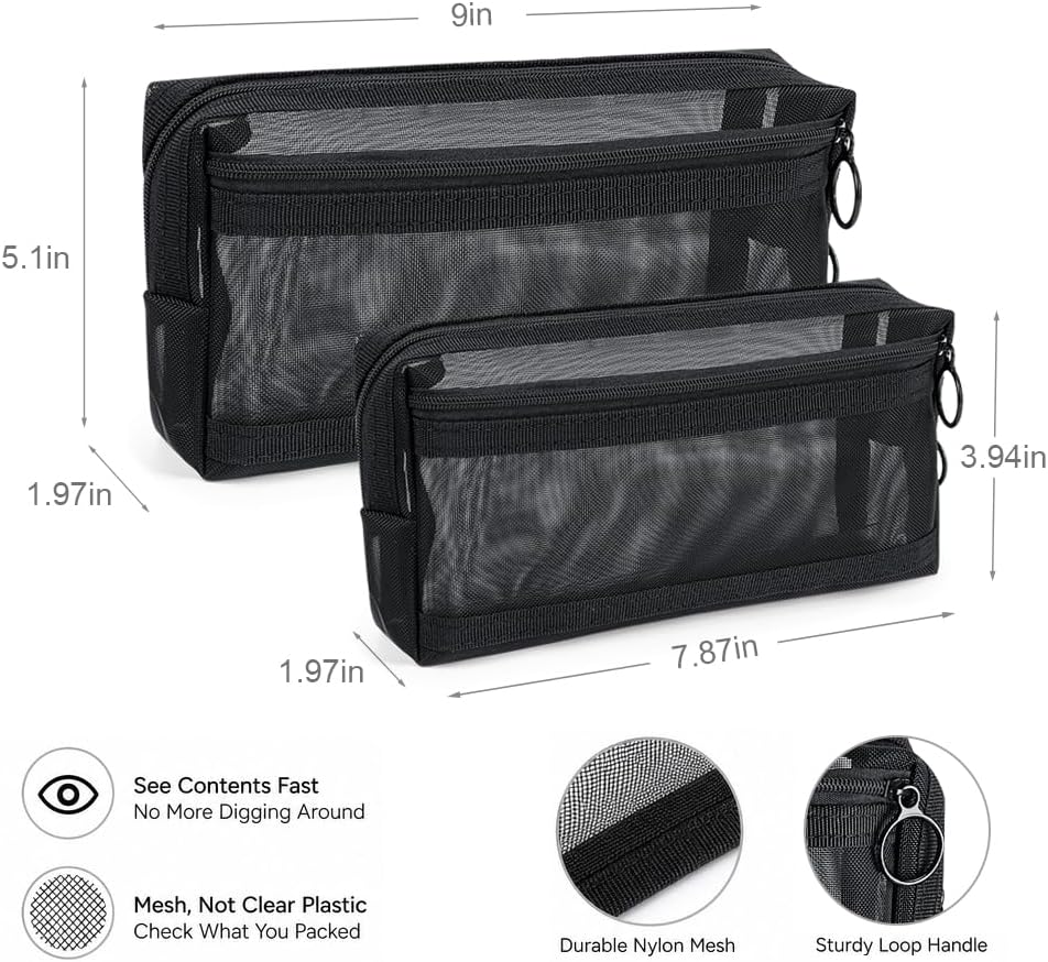 2pcs Mesh Cosmetic Bags, Wide Open Zipper Mesh Makeup bags Set, 2 Pocket Mesh Makeup Pouches with Zipper, Travel Essentials Beauty Bag Set (Black)