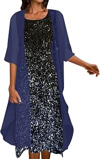 NHNKB Summer Dress Women's Evening Dresses Elegant for Wedding Dresses Women's Short Casual Elegant Chiffon Dress Two Piece Set Mini Dress Red Deep Neck Evening Dresses Elegant for Wedding, navy, XL